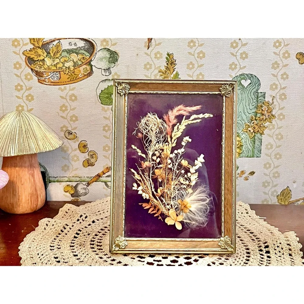 Vintage MCM Botanical Pressed Dried Flower Shadow Box Art Framed